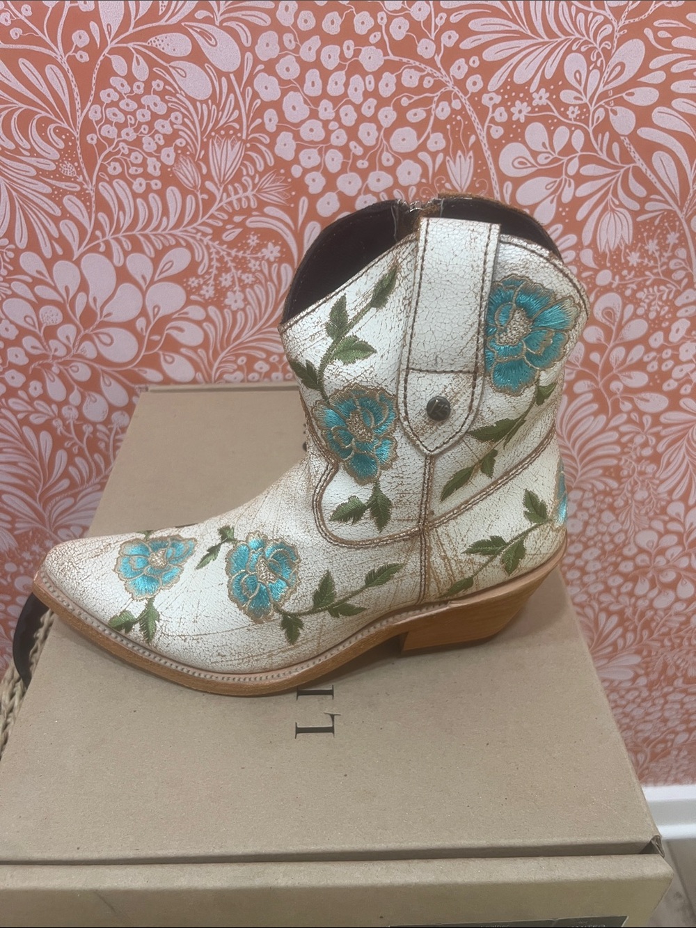 LIBERTY Black White Ankle Boots with Teal Floral Embroidery - Picture 2 of 2